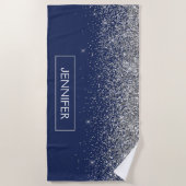 Serviette De Plage Monogramme Nom Paillettes Bleu Marine Argenté Fill (Devant)