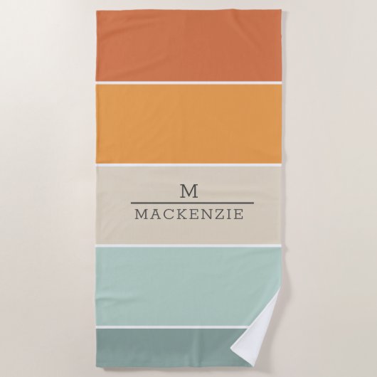 Serviette De Plage Monogramme Nom Personnalisé Stripe Pêche Corail Bl (Devant)