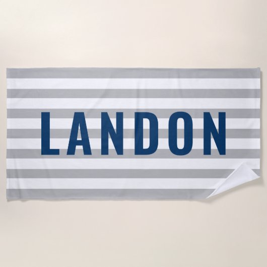 Serviette De Plage Monogramme Nom Rayure Grise Moderne Marine (Devant)