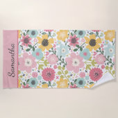 Serviette De Plage Monogramme Nom Rose Jaune Bleu Floral (Devant)