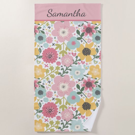 Serviette De Plage Monogramme Nom Rose Jaune Bleu Floral (Devant)