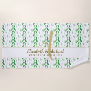 Serviette De Plage Monogramme or Aquarelle botanique Verdure Mariage