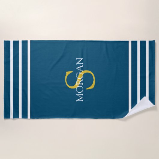 Serviette De Plage Monogramme or/Nom blanc Blancs, Bleu Océan (Devant)