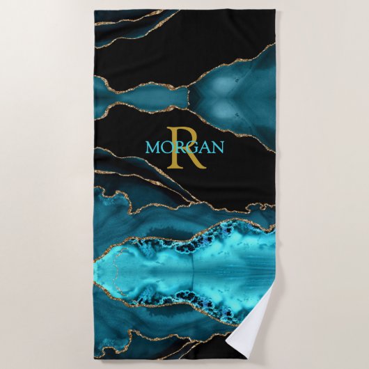 Serviette De Plage Monogramme Or & Nom Turquoise, Or Noir & Agate Tur (Devant)
