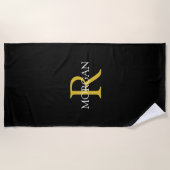 Serviette De Plage Monogramme Or tendance & Nom blanc, Noir (Devant)
