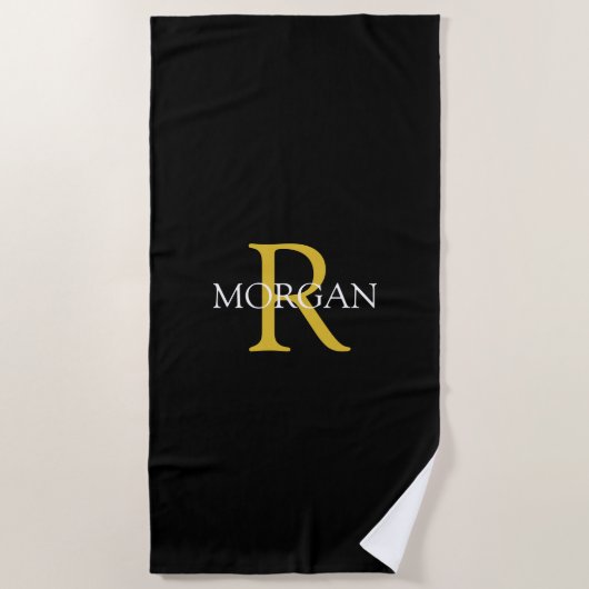 Serviette De Plage Monogramme Or tendance & Nom blanc, Noir (Devant)
