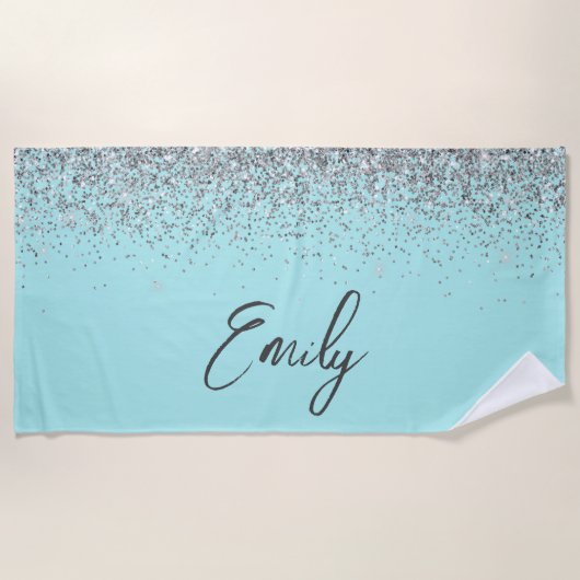 Serviette De Plage Monogramme Pailleté Argent Bleu Aqua Sarcelle (Devant)