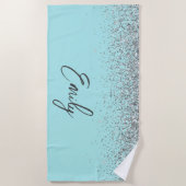 Serviette De Plage Monogramme Pailleté Argent Bleu Aqua Sarcelle (Devant)
