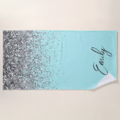 Serviette De Plage Monogramme Pailleté Bleu Aqua Turquoise Argent (Devant)