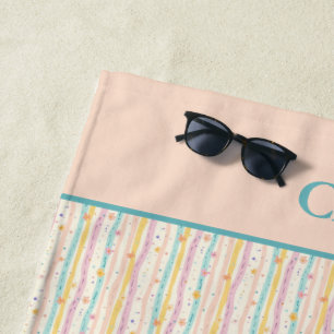 Serviette De Plage Monogramme Pastel Fleurs et Rayures Rose Turquoise