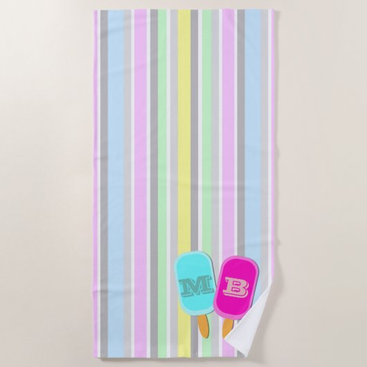 Serviette De Plage Monogramme Pastel Stripes et Popsicles (Devant)