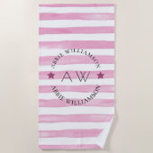 Serviette De Plage monogramme personnalisé rayures roses (Devant)