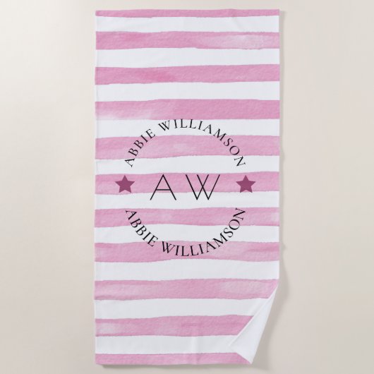 Serviette De Plage monogramme personnalisé rayures roses (Devant)
