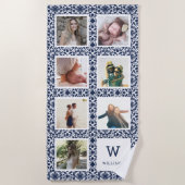 Serviette De Plage Monogramme photo à motif blanc et marine (Devant)