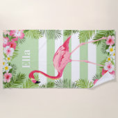 Serviette De Plage Monogramme Rayure de Flamant Vert Tropical (Devant)