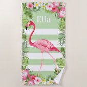 Serviette De Plage Monogramme Rayure de Flamant Vert Tropical (Devant)