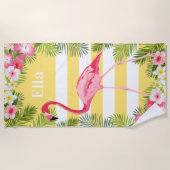Serviette De Plage Monogramme Rayure Flamant Jaune Tropical (Devant)
