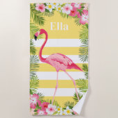 Serviette De Plage Monogramme Rayure Flamant Jaune Tropical (Devant)