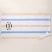 Serviette De Plage Monogramme rayures bleu marine et sable tan (Devant)