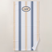 Serviette De Plage Monogramme rayures bleu marine et sable tan (Devant)