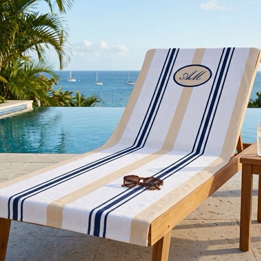 Serviette De Plage Monogramme rayures bleu marine et sable tan