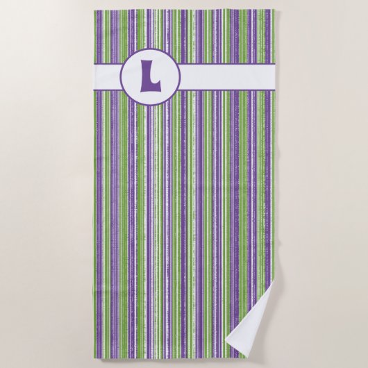 Serviette De Plage Monogramme rayures violettes, vertes et blanches (Devant)