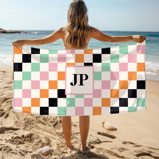 Serviette De Plage Monogramme Retro Checkerboard personnalisé Monogra
