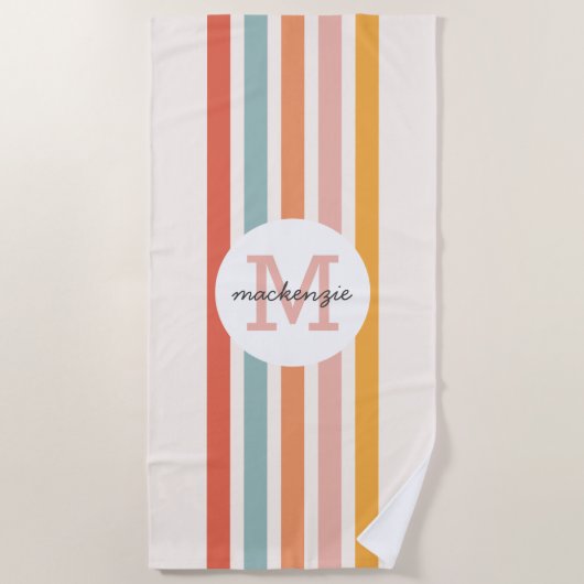Serviette De Plage Monogramme Retro Grandes Colorées Personnalisées (Devant)