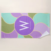Serviette De Plage Monogramme Rétro Sun Waves Purple et Vert (Devant)