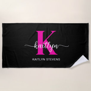 Serviette De Plage Monogramme rose chaud noir