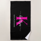 Serviette De Plage Monogramme rose chaud noir (Devant)