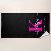 Serviette De Plage Monogramme rose chaud noir (Devant)