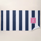Serviette De Plage Monogramme rose et rayure marine (Devant)