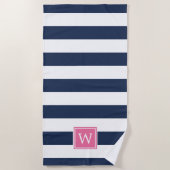 Serviette De Plage Monogramme rose et rayure marine (Devant)