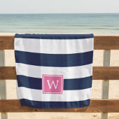 Serviette De Plage Monogramme rose et rayure marine
