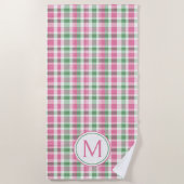Serviette De Plage Monogramme rose et vert preppy (Devant)