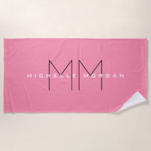 Serviette De Plage Monogramme rose Flamant rose Nom minimaliste Initi
