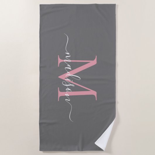 Serviette De Plage Monogramme rose rose gris moderne Script féminin (Devant)