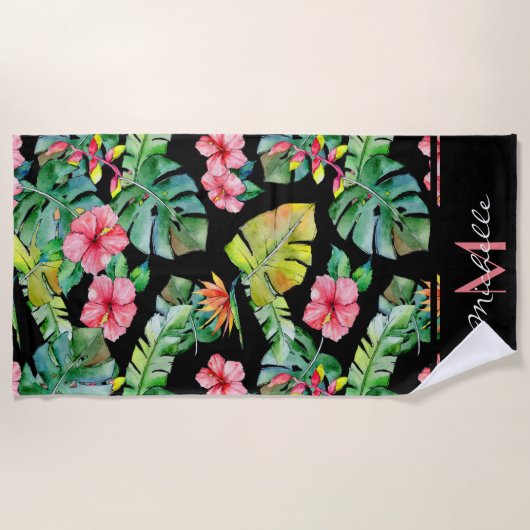 Serviette De Plage Monogramme rose tropicale Hibiscus noir (Devant)