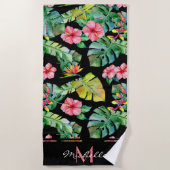 Serviette De Plage Monogramme rose tropicale Hibiscus noir (Devant)