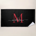 Serviette De Plage Monogramme rouge noir Bourgogne féminine Script fé<br><div class="desc">Élégant Monogramme noir rouge bordeaux Feminine Script Serviette de plage</div>