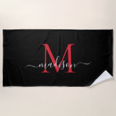 Serviette De Plage Monogramme rouge noir Bourgogne féminine Script fé (Devant)