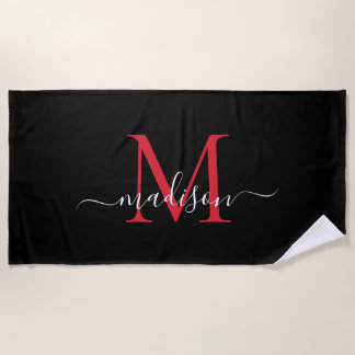 Serviette De Plage Monogramme rouge noir Bourgogne féminine Script fé