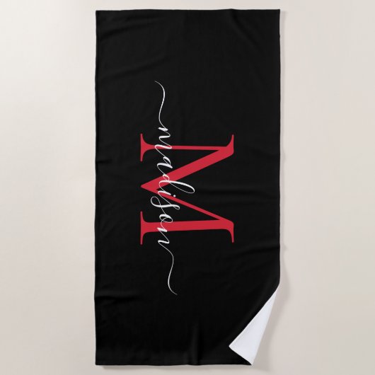 Serviette De Plage Monogramme rouge noir Bourgogne féminine Script fé (Devant)