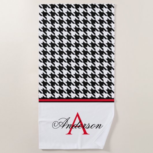 Serviette De Plage Monogramme rouge noir Houndstooth (Devant)