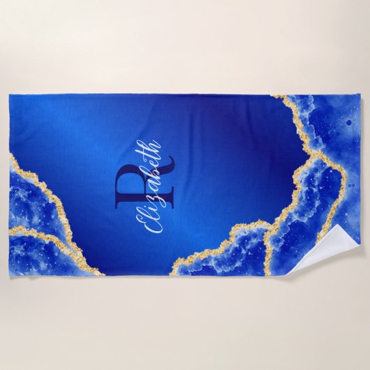 Serviette De Plage Monogramme Royal Blue and Gold Elegant Marble (Devant)