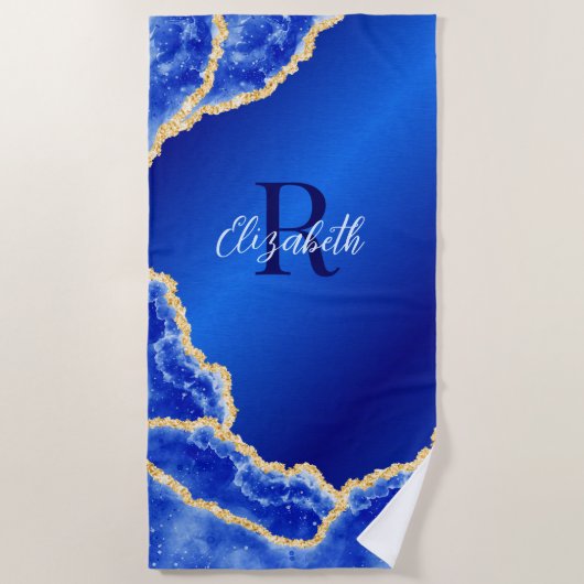 Serviette De Plage Monogramme Royal Blue and Gold Elegant Marble (Devant)