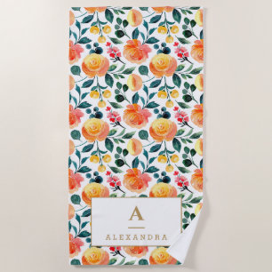 Serviette De Plage Monogramme Rustique Jaune Orange Aquarelle