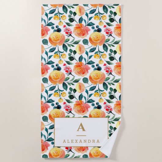 Serviette De Plage Monogramme Rustique Jaune Orange Aquarelle (Devant)