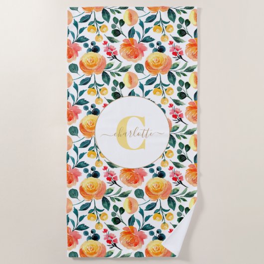 Serviette De Plage Monogramme Rustique Orange Aquarelle (Devant)